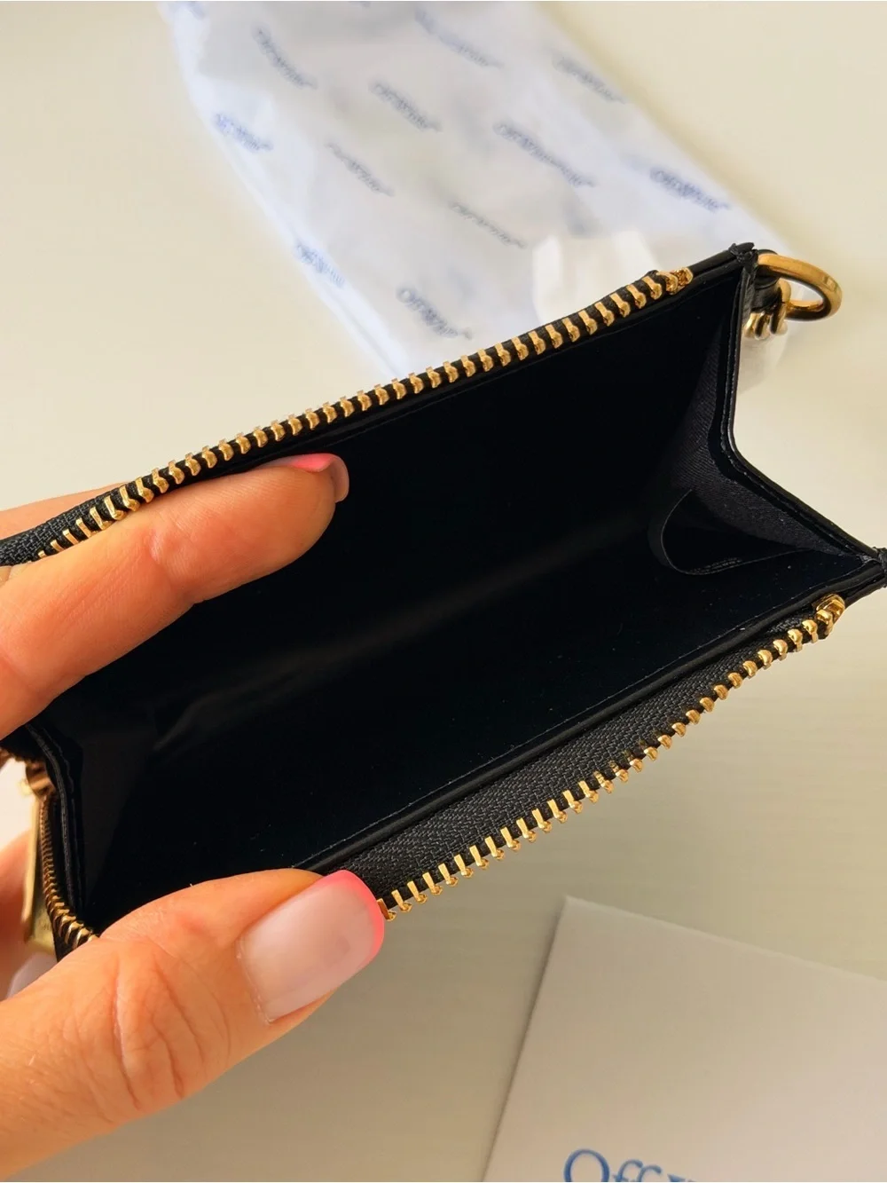 New Off-White Black Keychain Wallet, Leather Zip Card Pouch with Gold Zipper